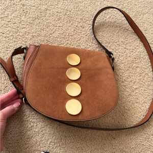 Neiman Marcus Tan Crossbody Bag with Gold Discs